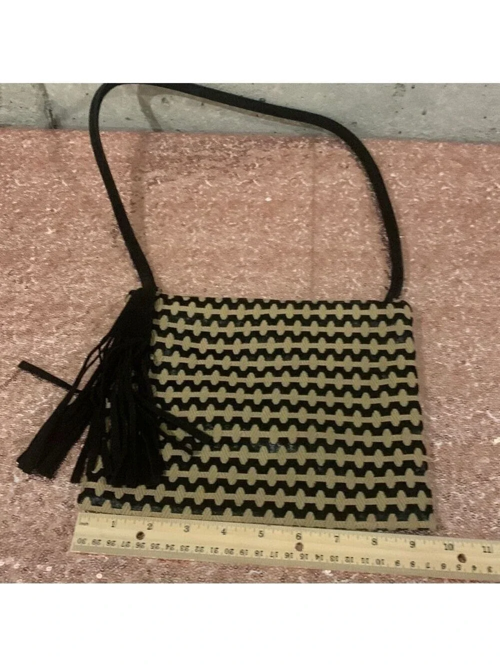 Vintage Reva Black and Tan Fabric Purse With Black Suede Strap and Tassel